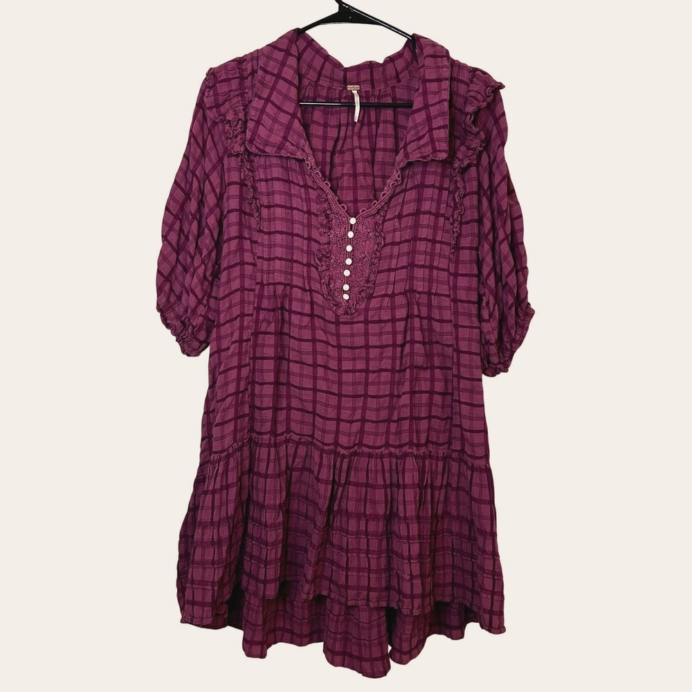 Free‎ People Elora Mini Dress Juneberry Plaid Women M Tiered Boho Babydoll